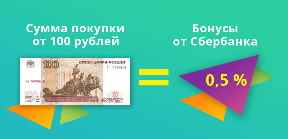 Бонусы от самого Сбербанка в размере 0,5 % начисляются, начиная со второго уровня привилегий и суммы товара от 100 рублей
