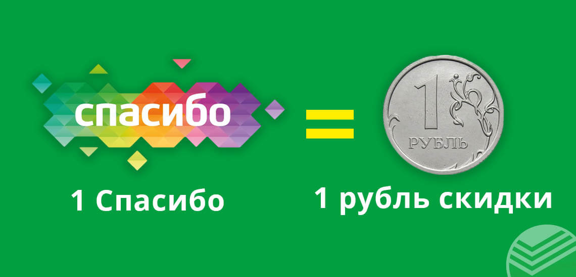 Пересчет бонусов происходит один к одному: 1 СПАСИБО = 1 рубль скидки
