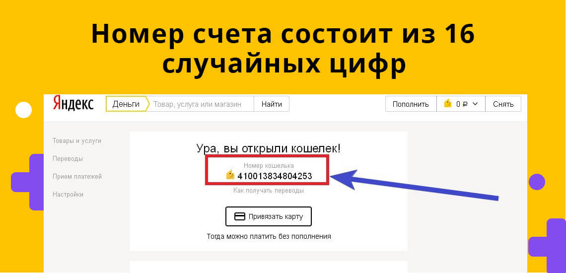 Номер счета Яндекс.Денег состоит из 16 случайных цифр